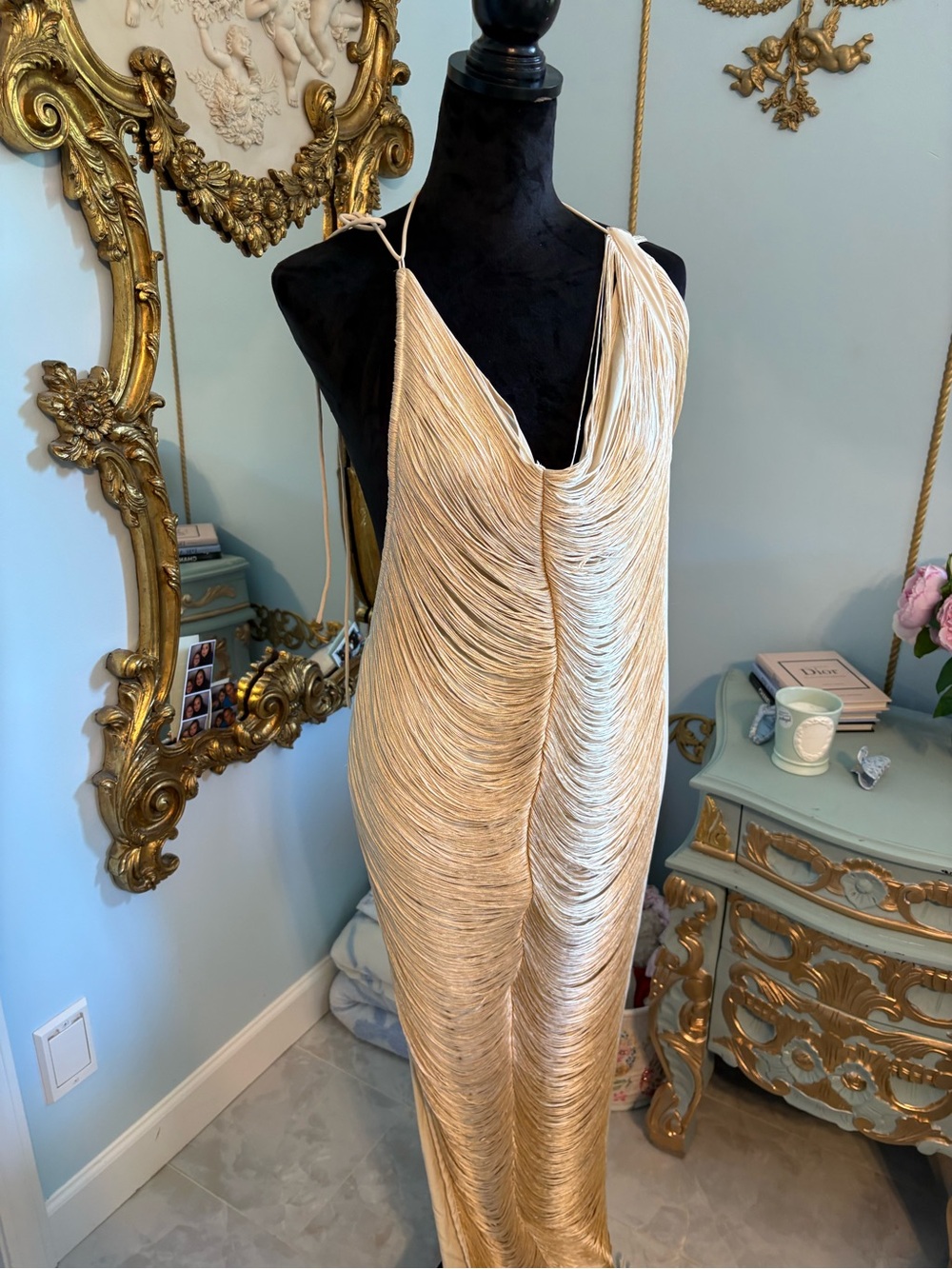 Elegant Cream Draped Evening Dress